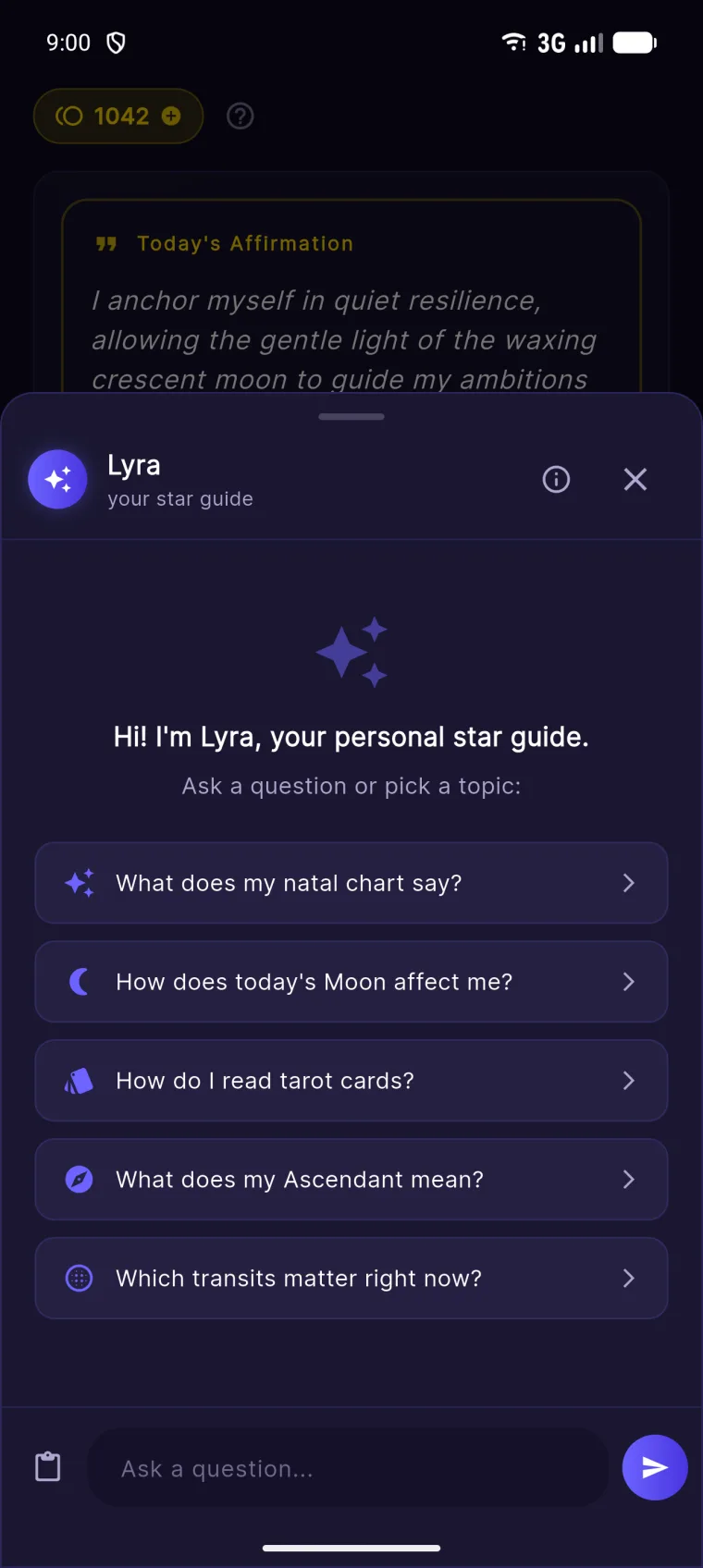 Lyra chat assistant with suggested astrology questions