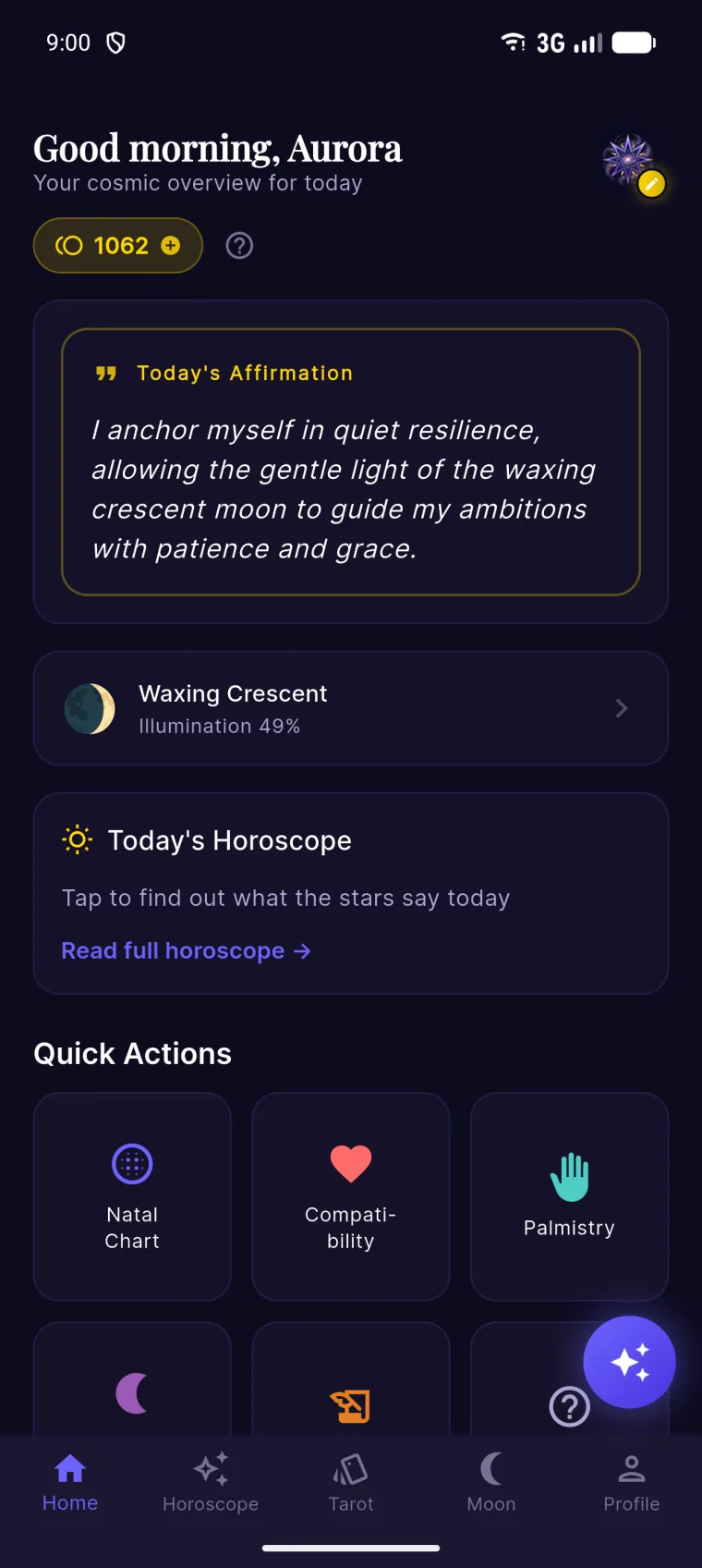 Stellara home dashboard with daily affirmation, moon phase and quick actions