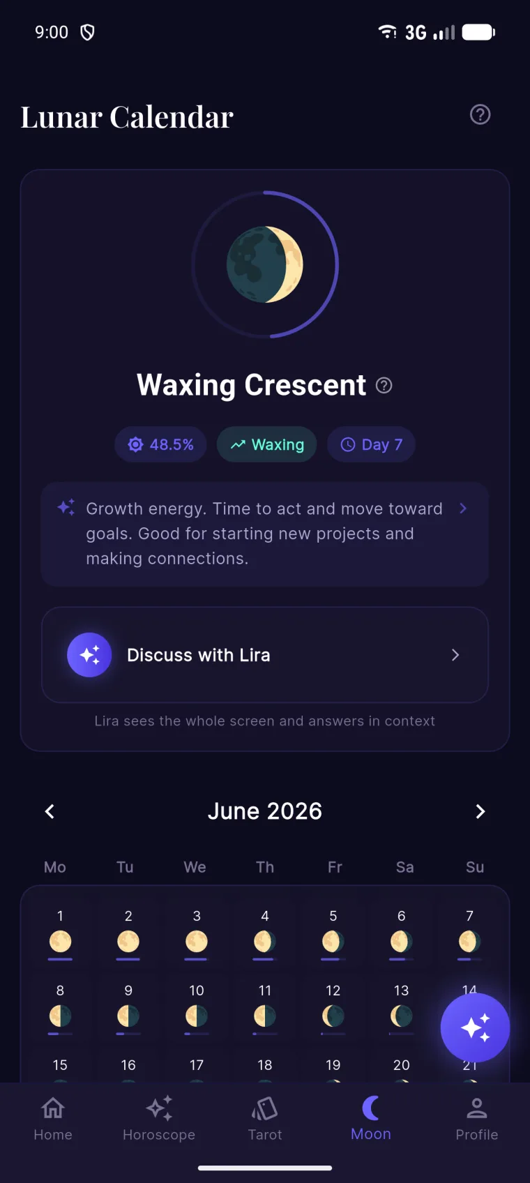 Lunar calendar showing Waxing Crescent phase and a month grid